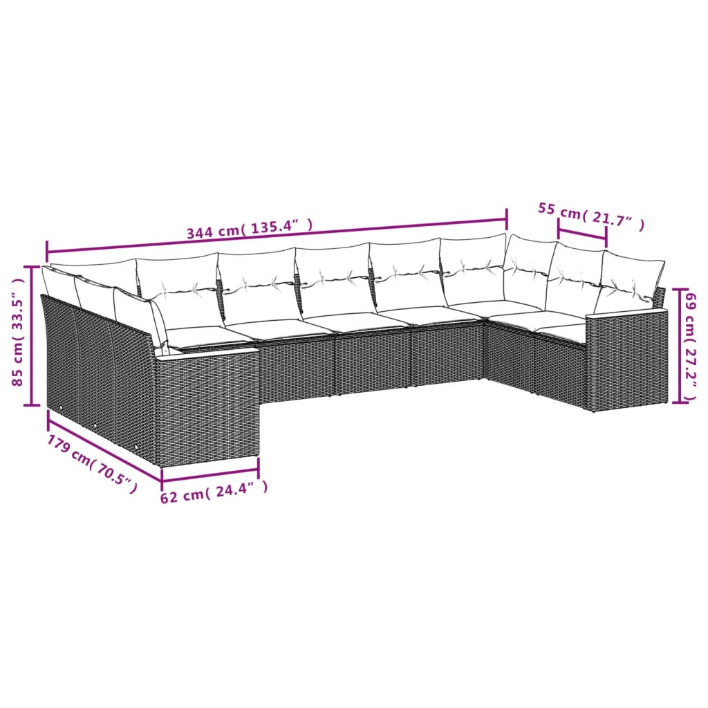 vidaXL ensemble de 10 banques de jardin avec coussins en polyrotan noir