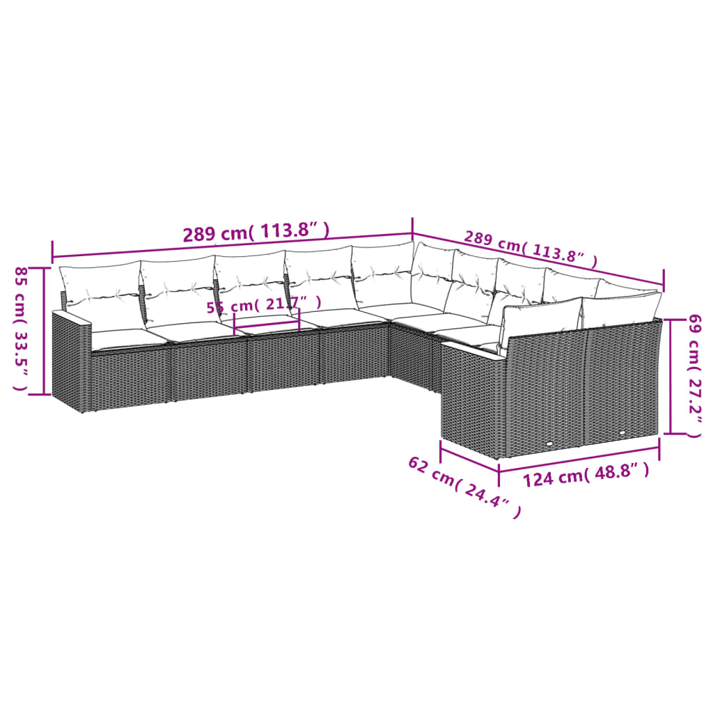 vidaXL 10-delige Loungeset met kussens poly rattan zwart