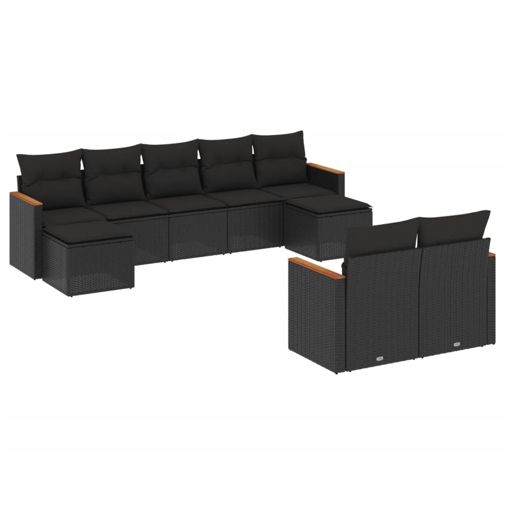 vidaXL 9-delige Loungeset met kussens poly rattan zwart