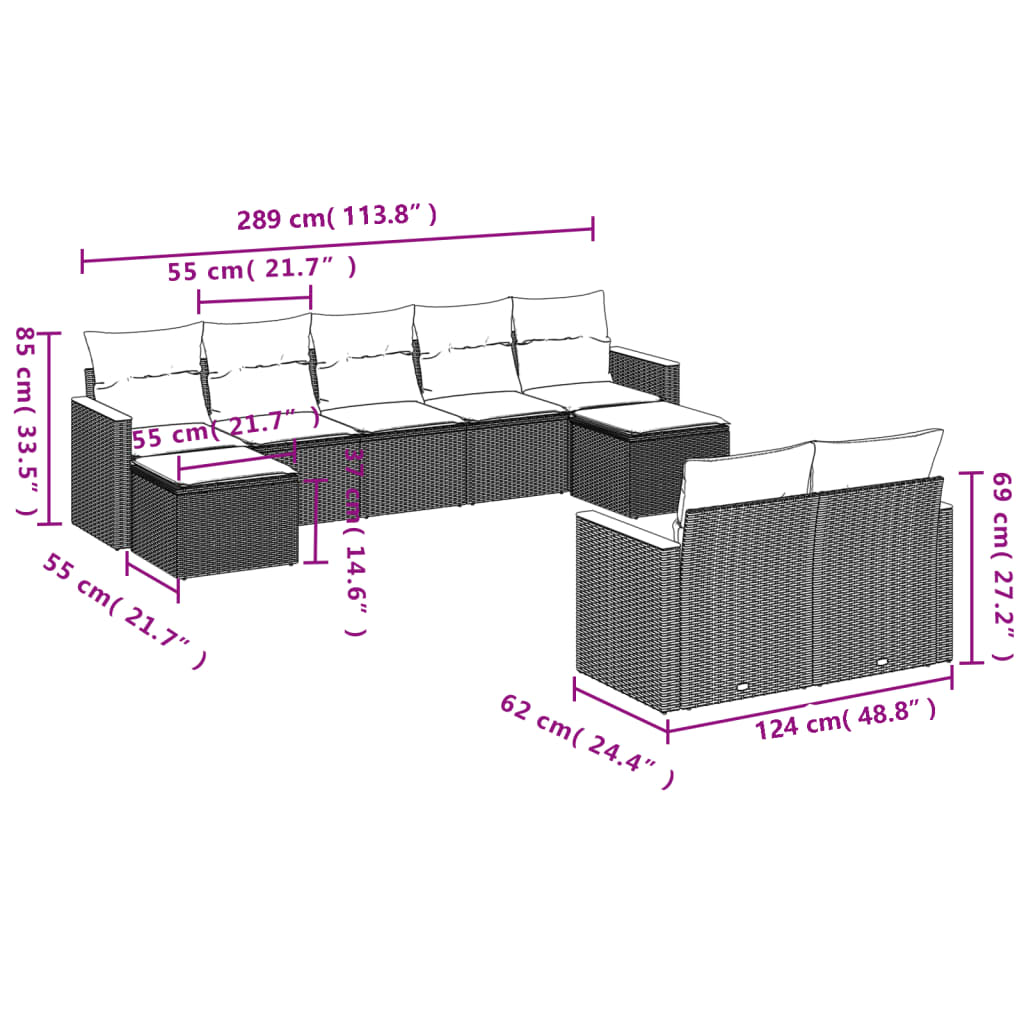 vidaXL 9-delige Loungeset met kussens poly rattan zwart