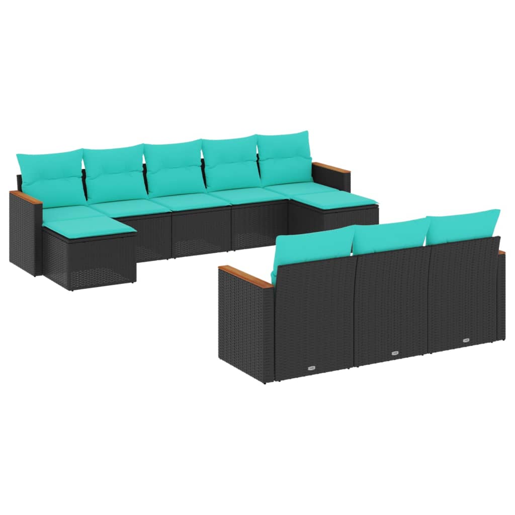 vidaXL ensemble de 10 banques de jardin avec coussins en polyrotan noir