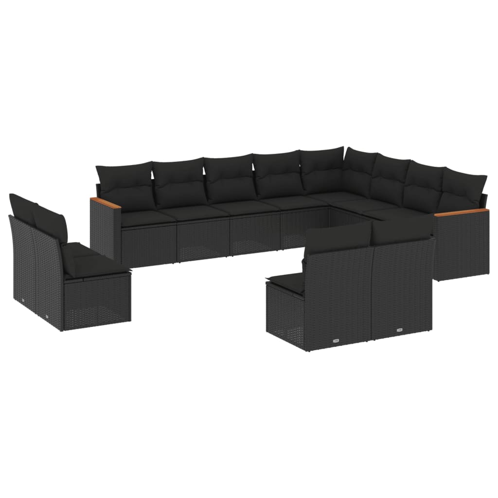vidaXL Ensemble de salon 12 personnes avec coussins en poly rotin noir