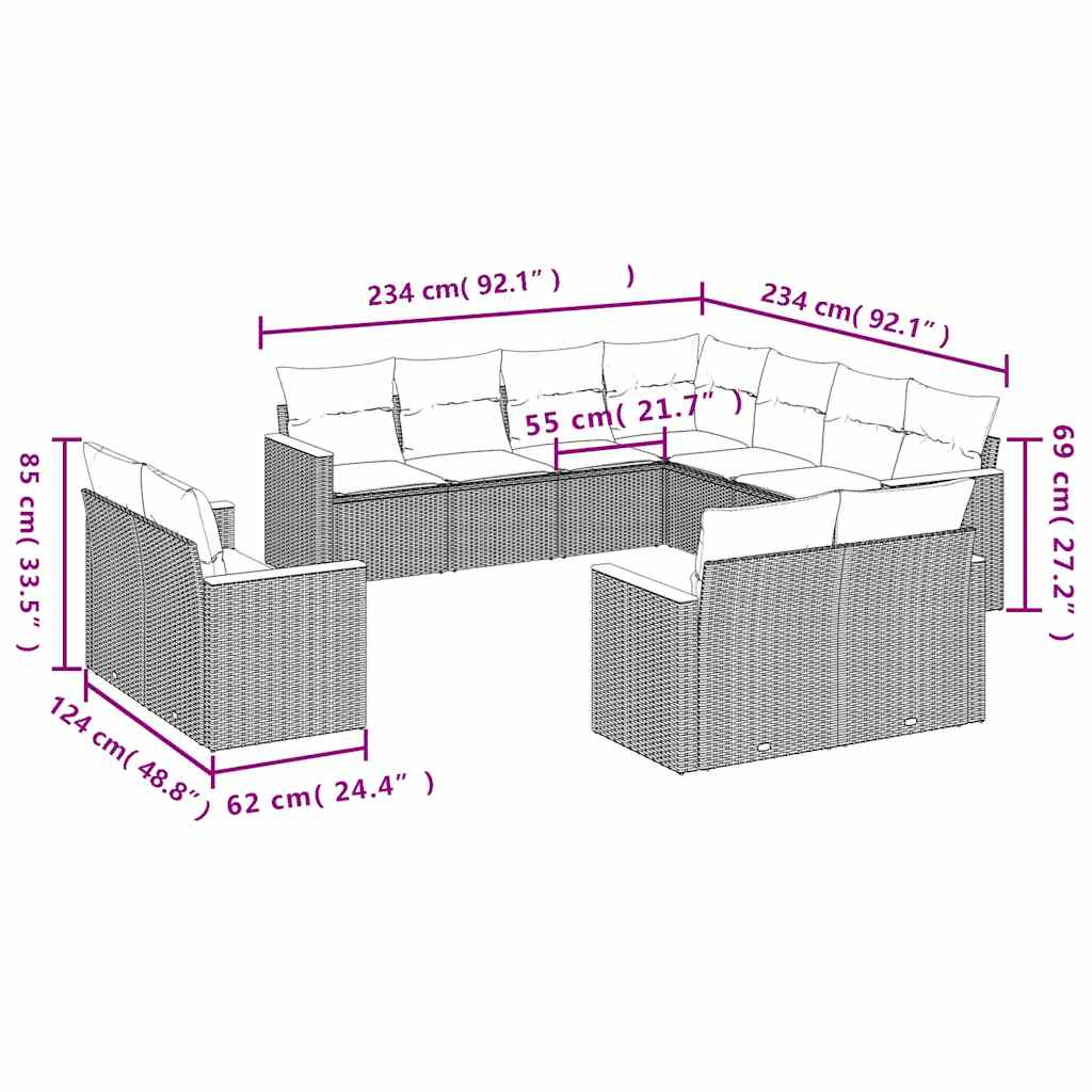 vidaXL 11-Piece Lounge Set with Cushions Poly Rattan Black