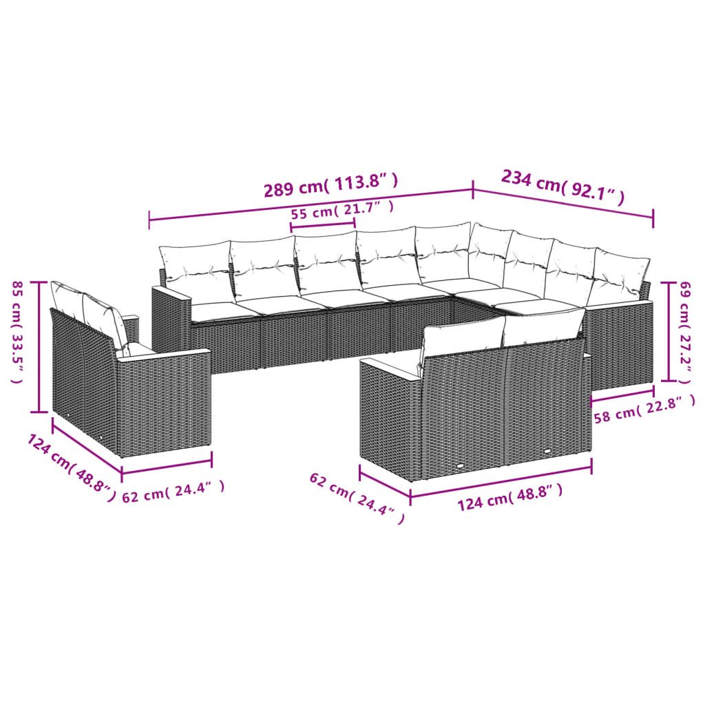 vidaXL 12-delige Loungeset met kussens poly rattan zwart