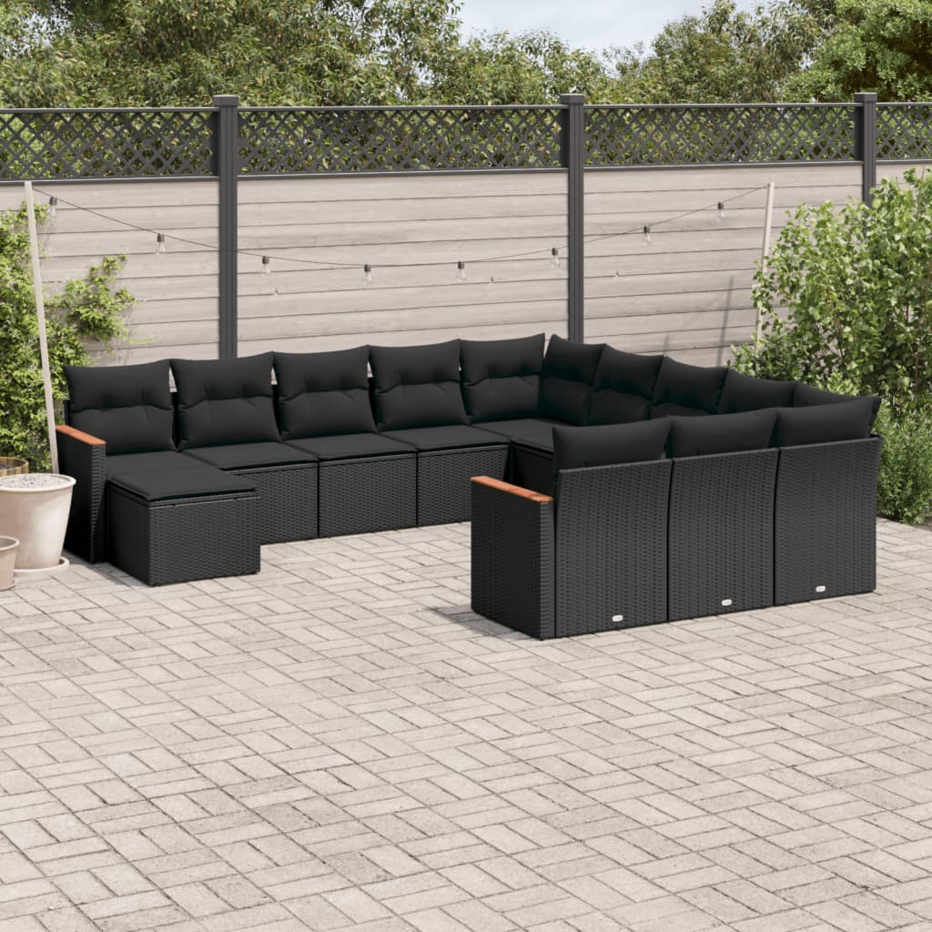 vidaXL 12-Piece Lounge Set with Cushions Poly Rattan Black