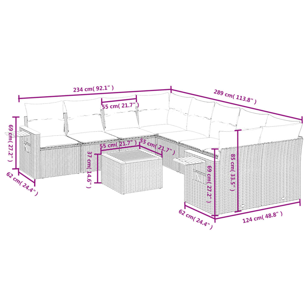 vidaXL 9-delige Loungeset met kussens poly rattan zwart