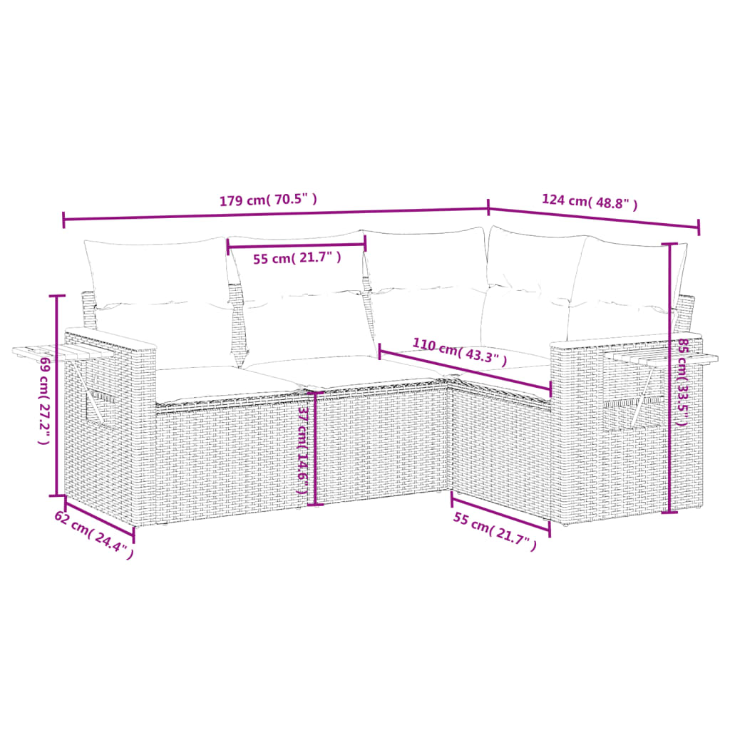 vidaXL 4-delige Loungeset met kussens poly rattan zwart