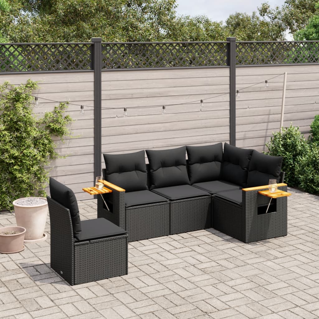 vidaXL 5-delige Loungeset met kussens poly rattan zwart