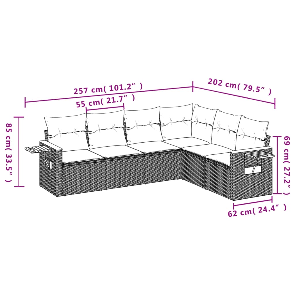 vidaXL 6-delige Loungeset met kussens poly rattan zwart