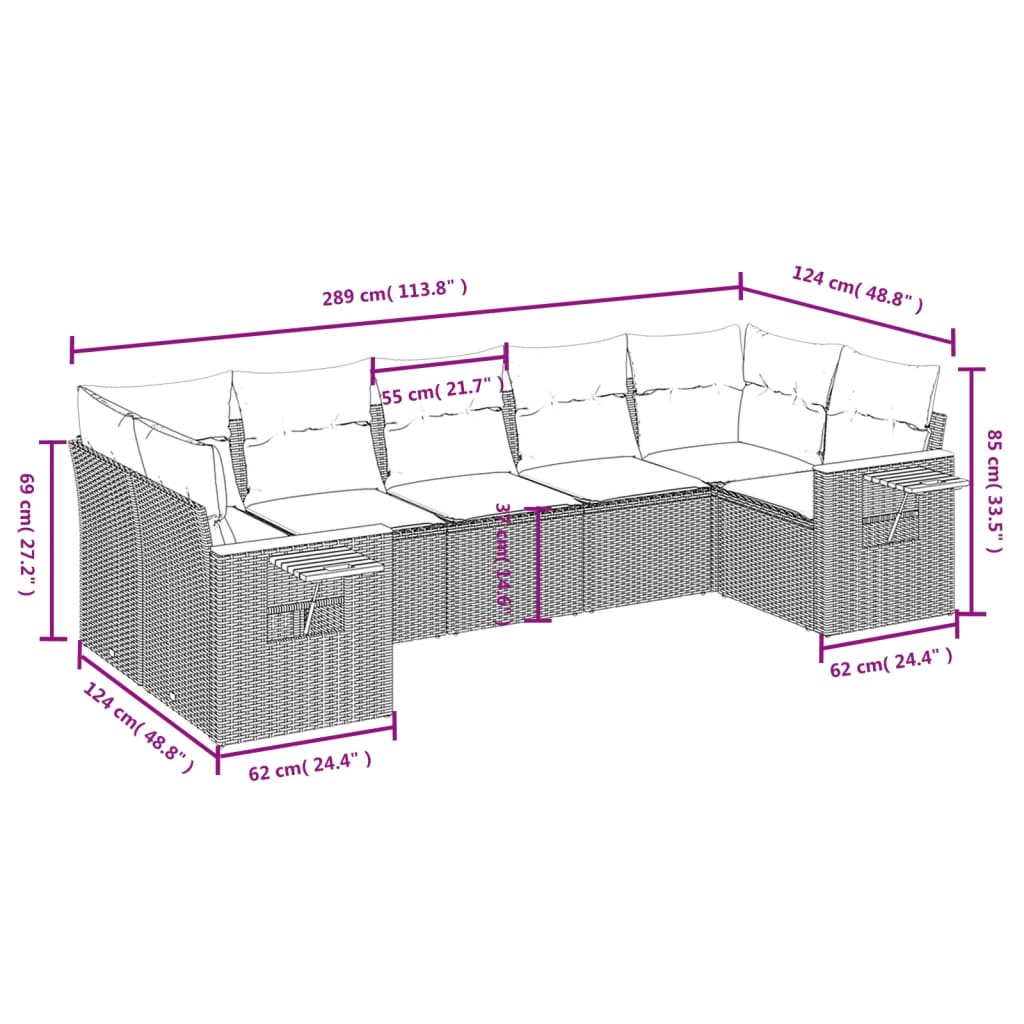 vidaXL 7-Piece Lounge Set with Cushions Poly Rattan Black