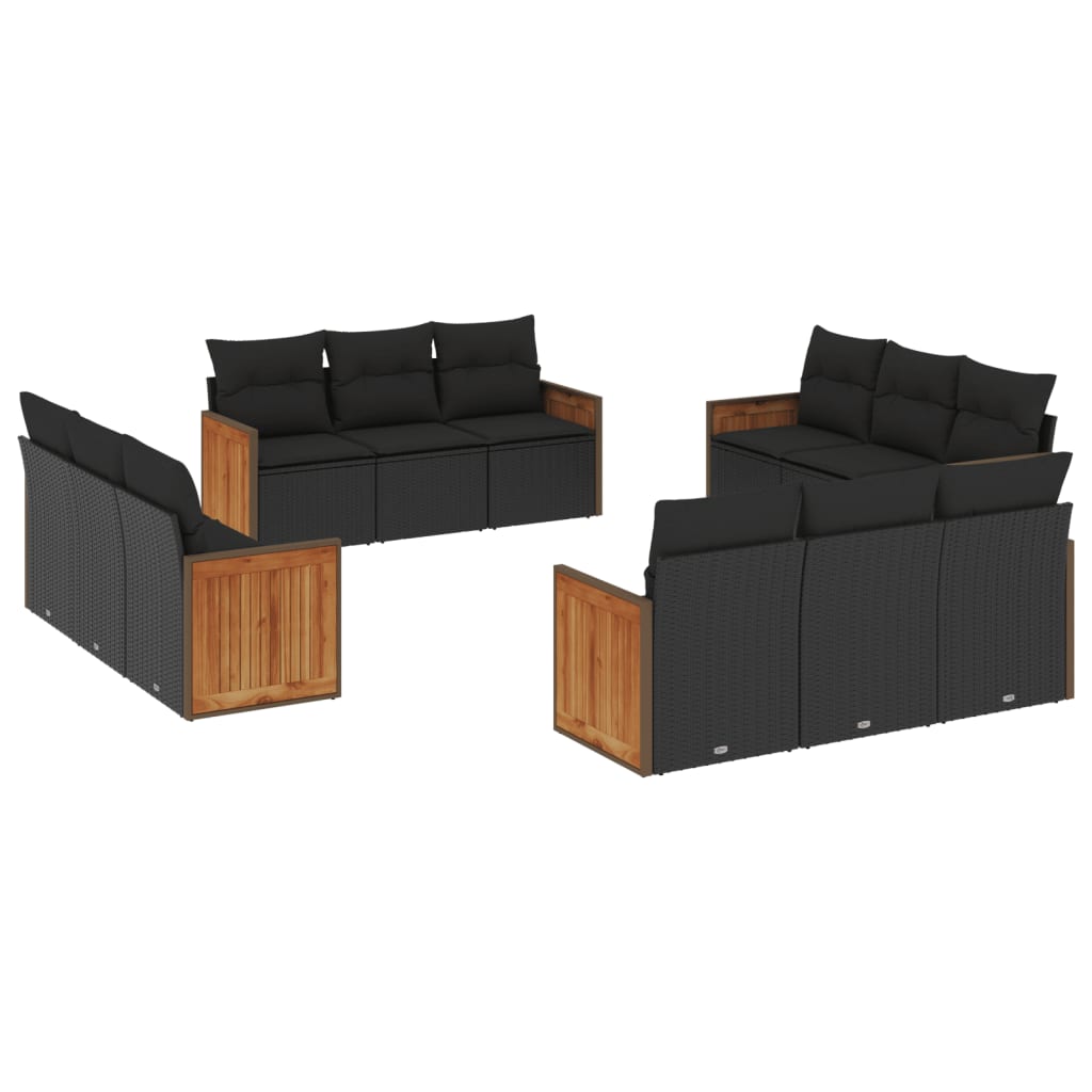 vidaXL Ensemble de salon 12 personnes avec coussins en poly rotin noir