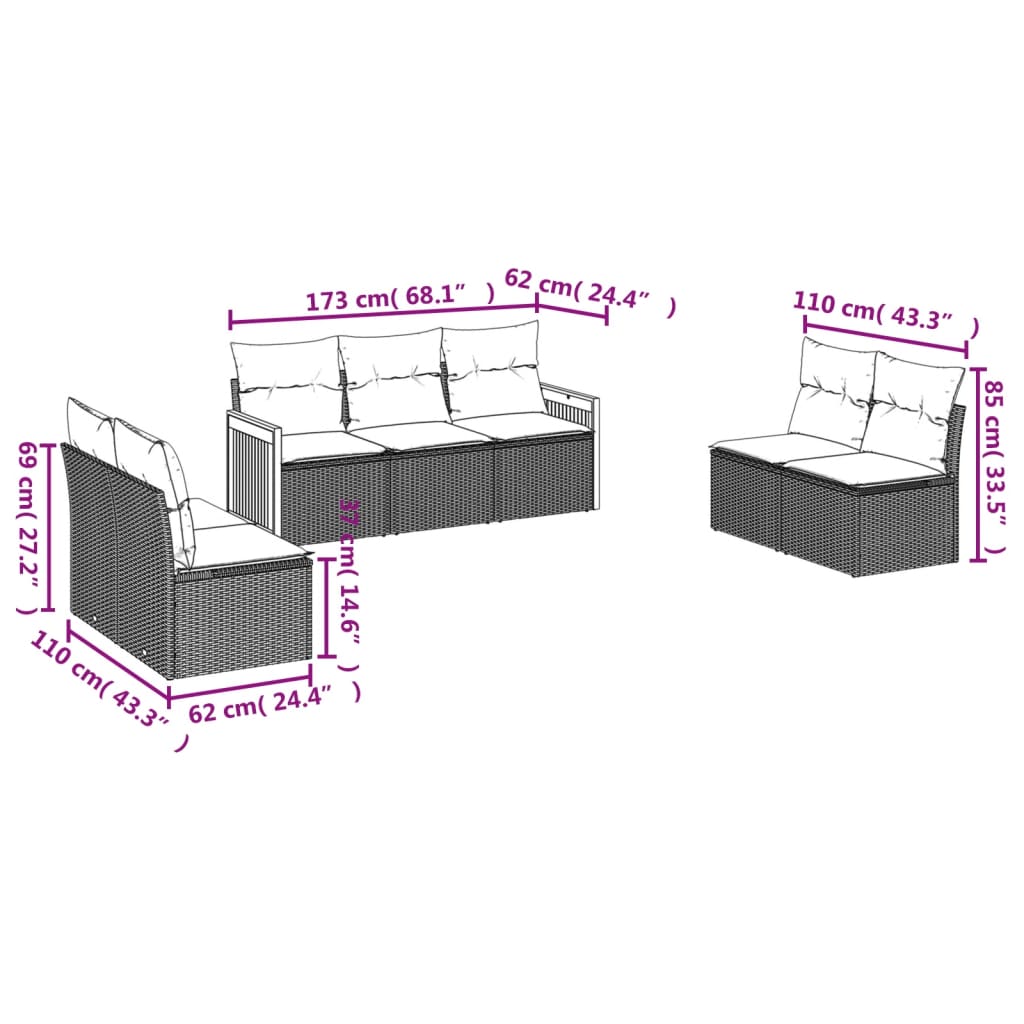 vidaXL 7-Piece Lounge Set with Cushions Poly Rattan Black