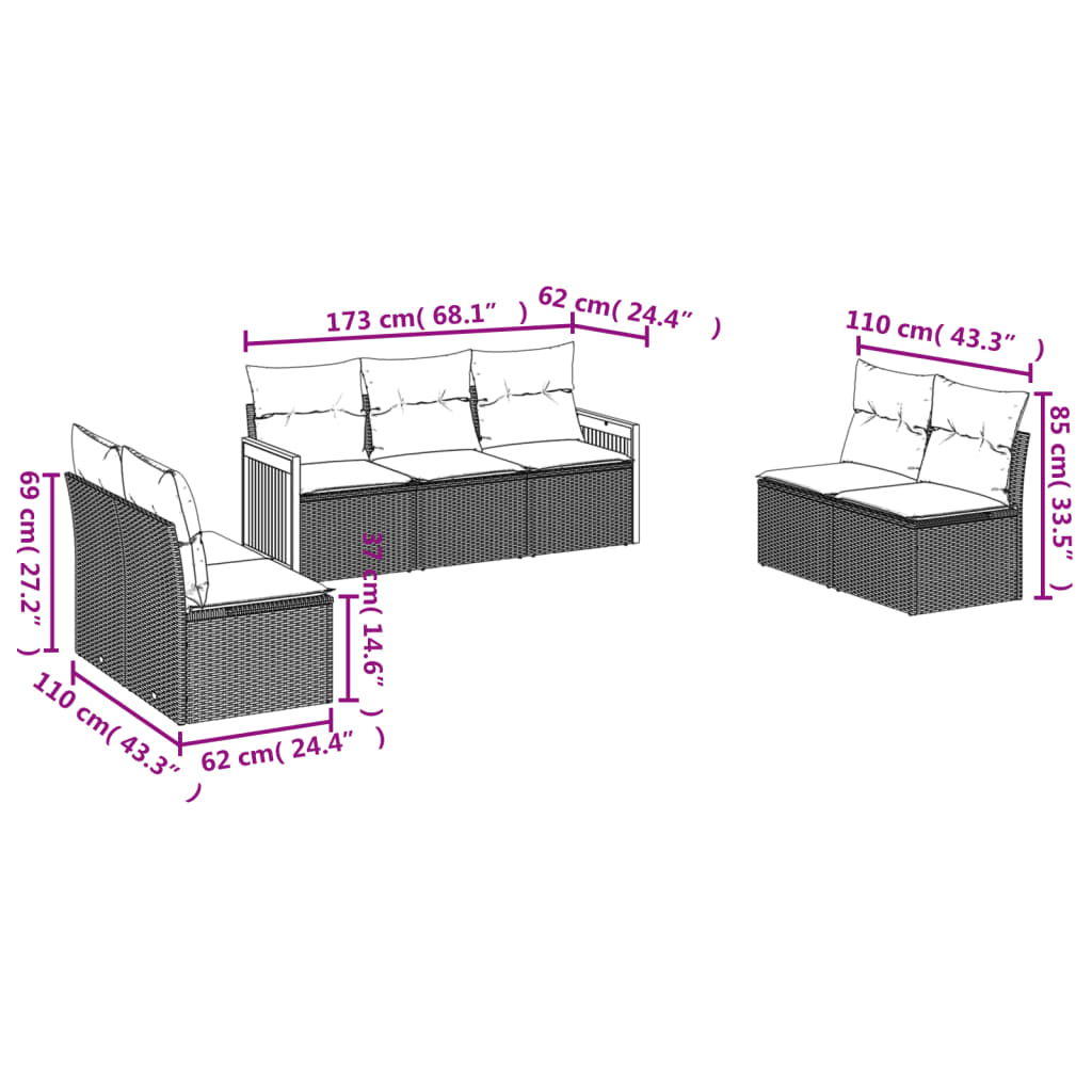 vidaXL 7-Piece Garden Lounge Set with Cushions Black Poly Rattan