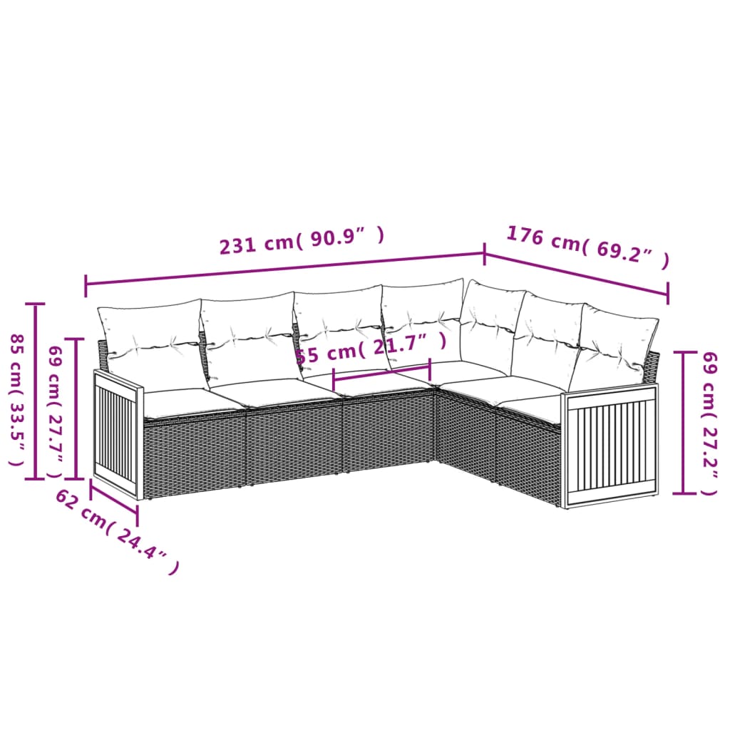 vidaXL ensemble de 6 bancs de jardin avec coussins en polyrotan noir