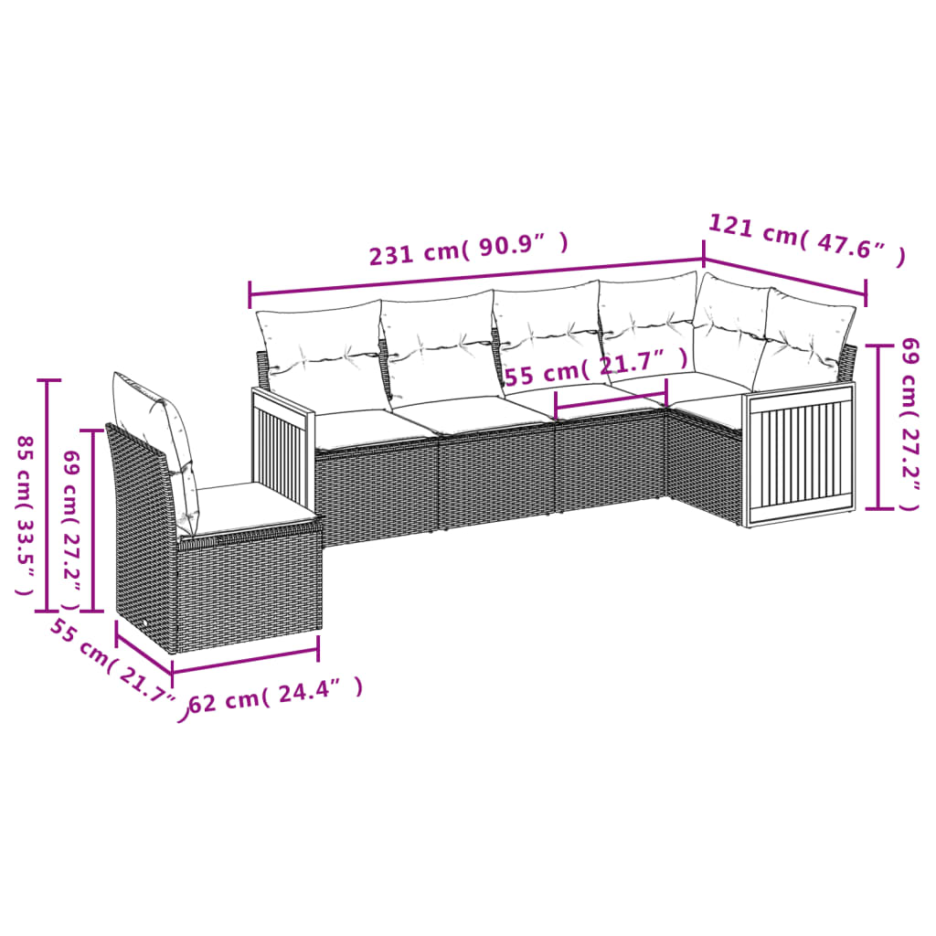 vidaXL Ensemble de salon 6 personnes avec coussins en poly rotin noir