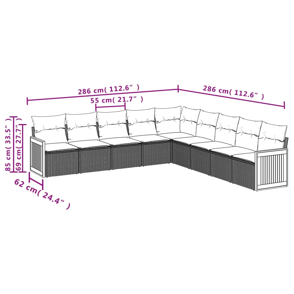 vidaXL ensemble de 9 banques de jardin avec coussins en polyrotan noir