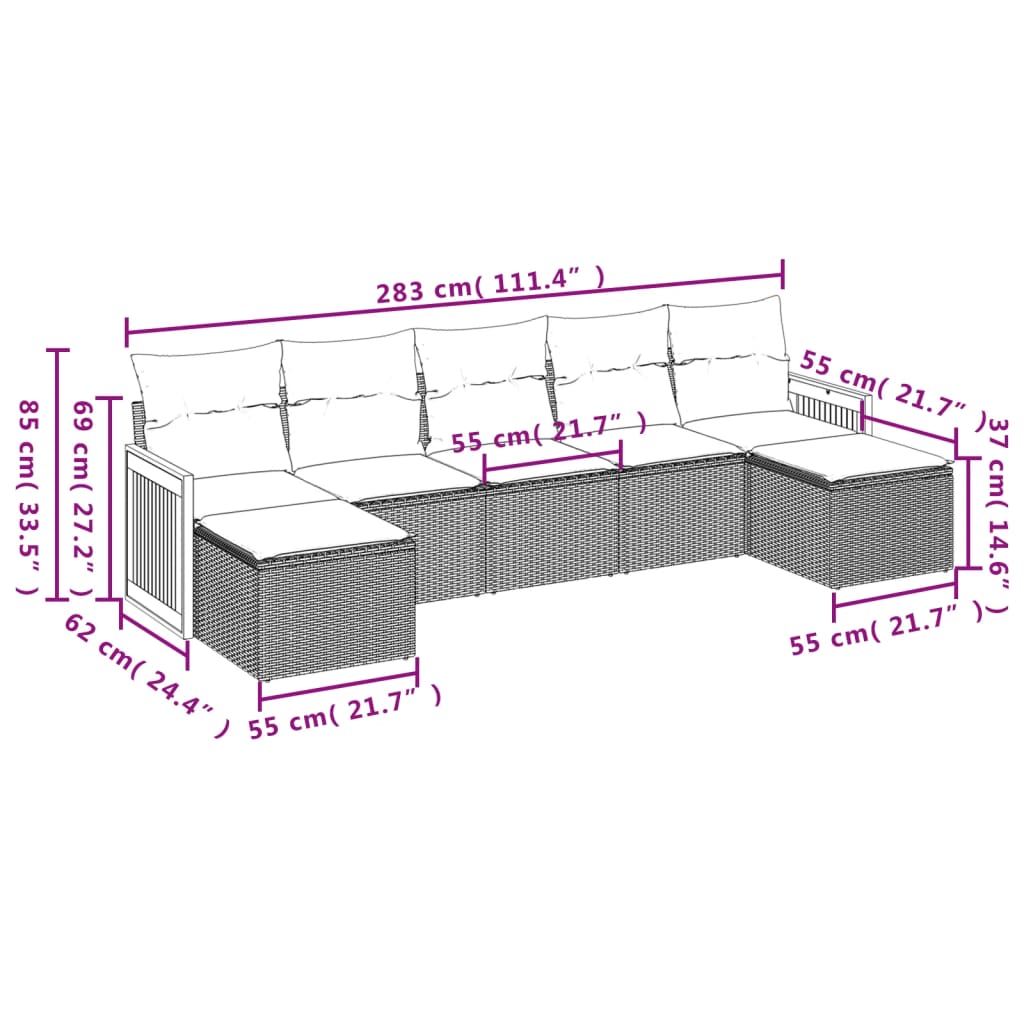 vidaXL ensemble de 7 banques de jardin avec coussins en polyrotan noir