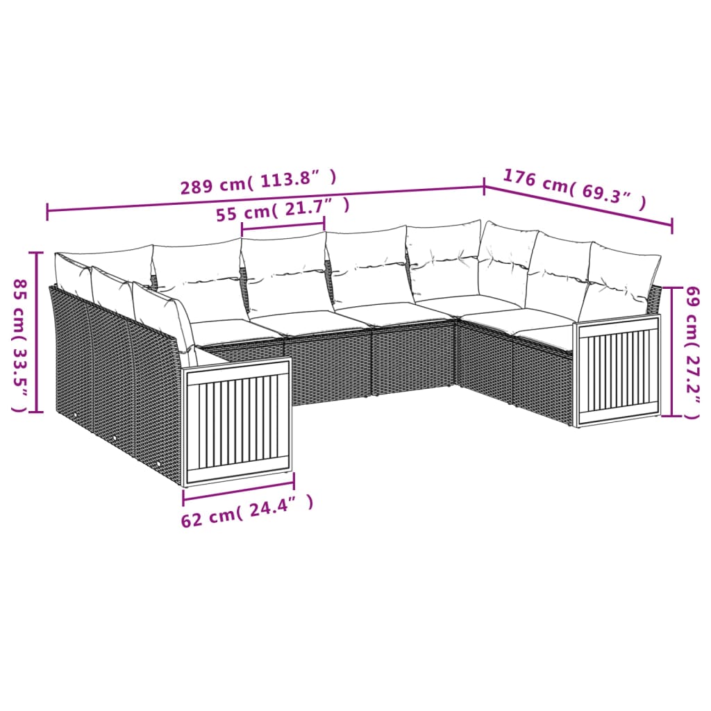 vidaXL 9-delige Loungeset met kussens poly rattan zwart