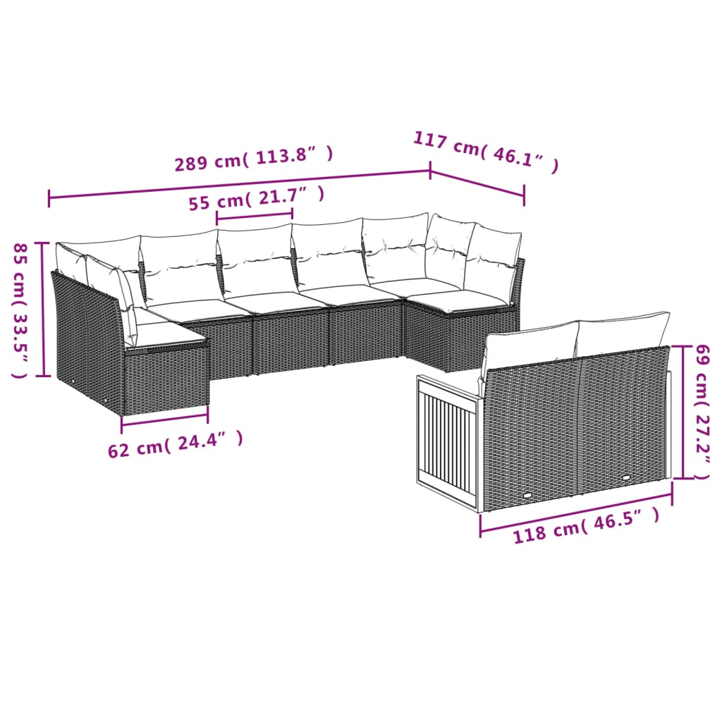 vidaXL ensemble de 9 banques de jardin avec coussins en polyrotan noir