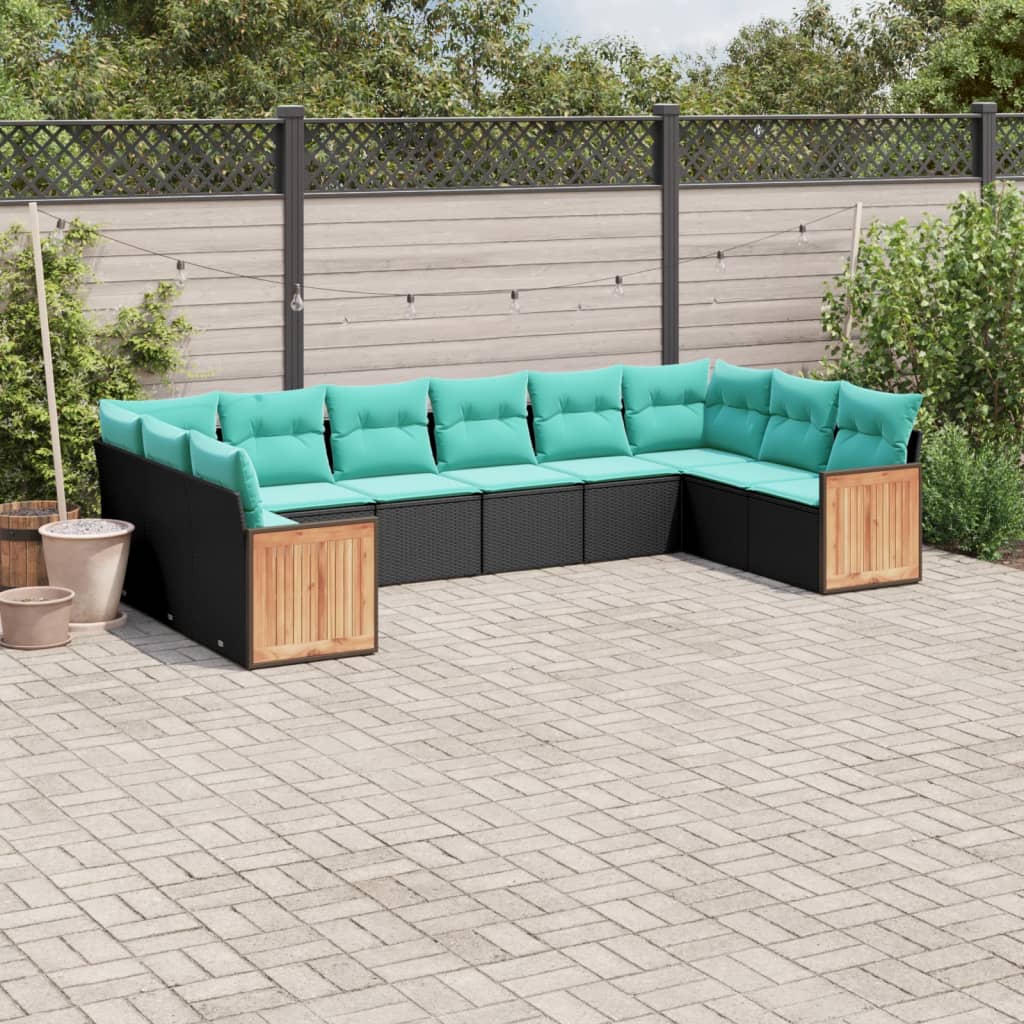 vidaXL ensemble de 10 banques de jardin avec coussins en polyrotan noir