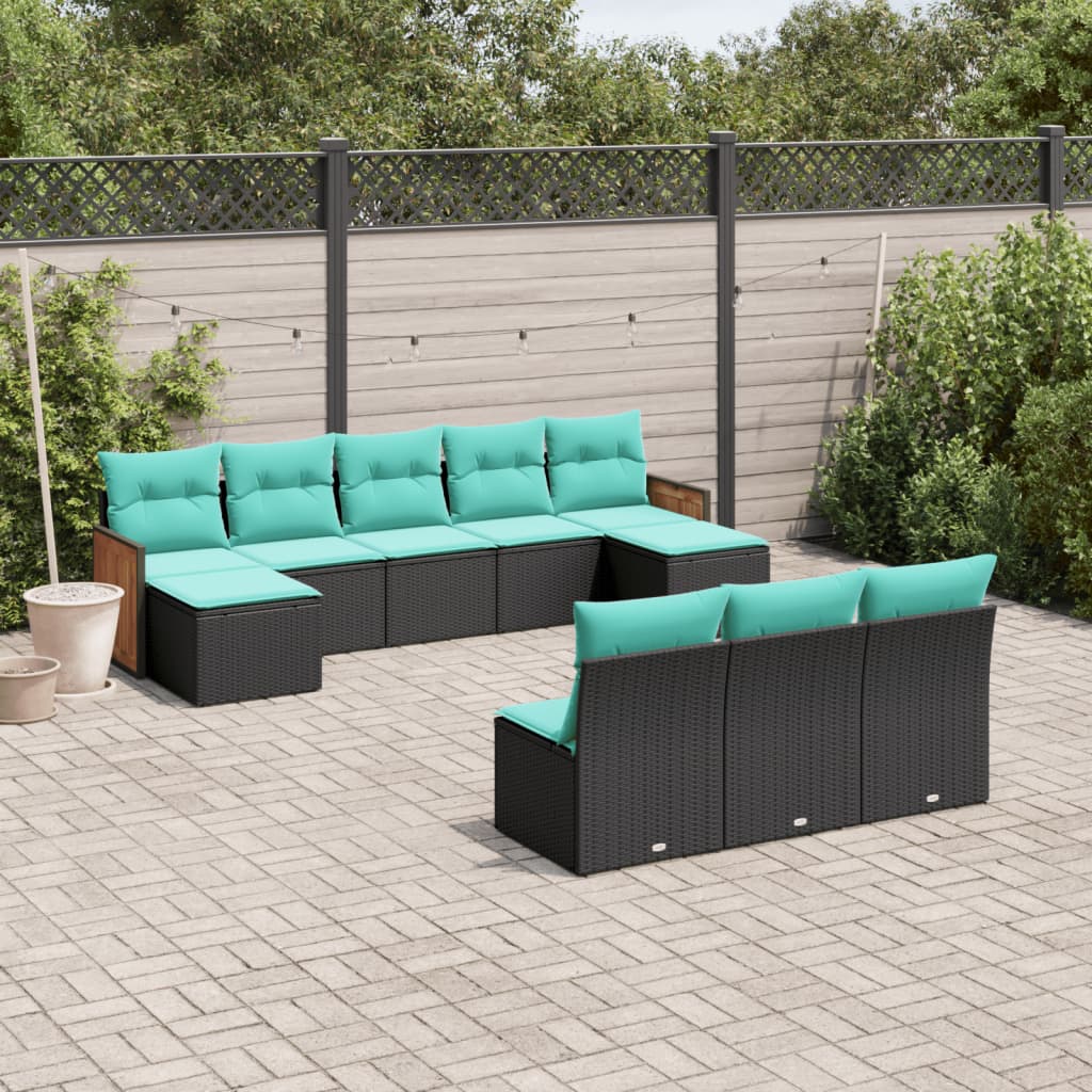 vidaXL ensemble de 10 banques de jardin avec coussins en polyrotan noir