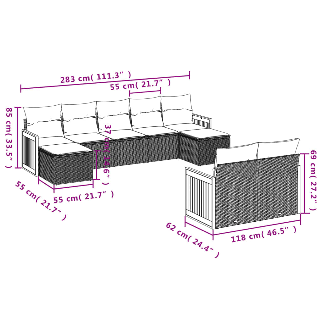 vidaXL ensemble de 9 banques de jardin avec coussins en polyrotan noir