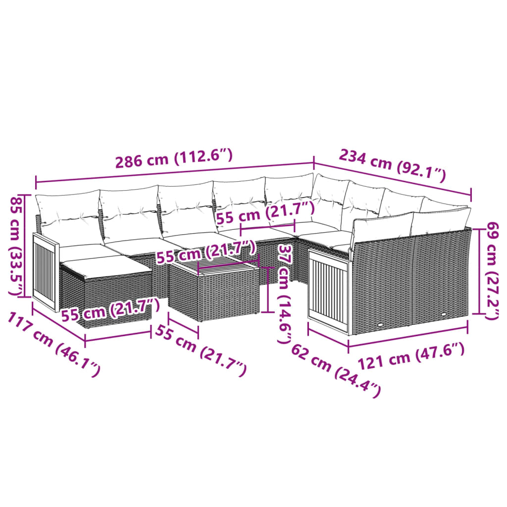 vidaXL 11-delige Loungeset met kussens poly rattan zwart