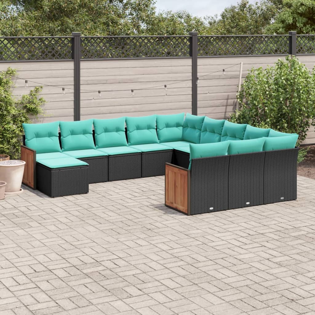 vidaXL Ensemble de 12 banques de jardin avec coussins en polyrotan noir