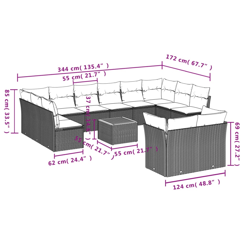 vidaXL 13-Piece Poly Rattan Lounge Set with Cushions Black