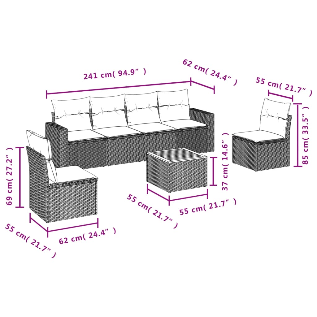 vidaXL 7-delige Loungeset met kussens poly rattan zwart