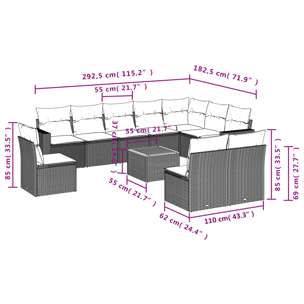 vidaXL 11-Piece Lounge Set with Cushions Poly Rattan Black
