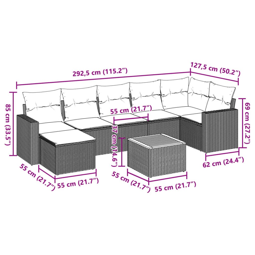 vidaXL 8-delige Loungeset met kussens poly rattan zwart