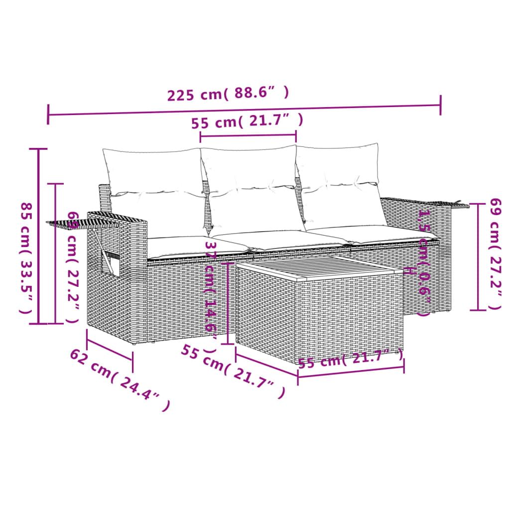 vidaXL 4-delige Loungeset met kussens poly rattan zwart