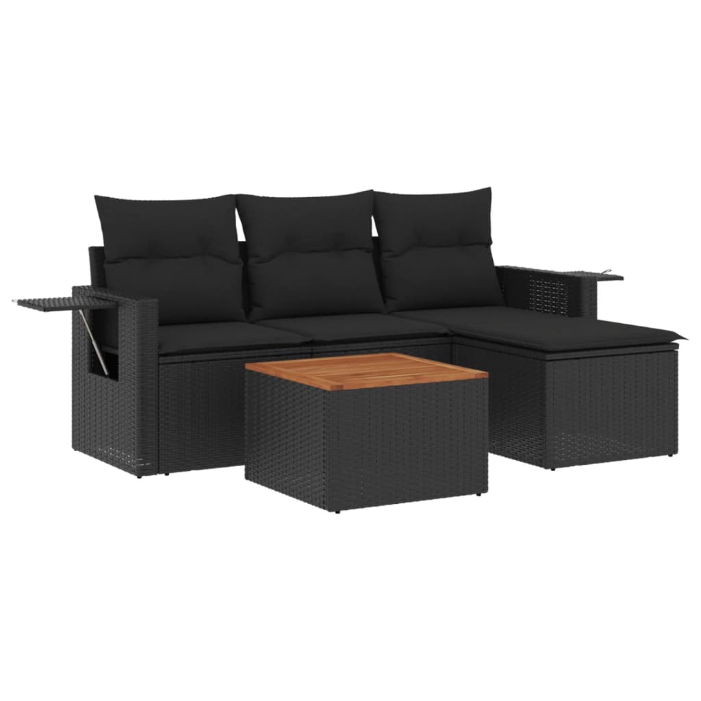 vidaXL 5-delige Loungeset met kussens poly rattan zwart