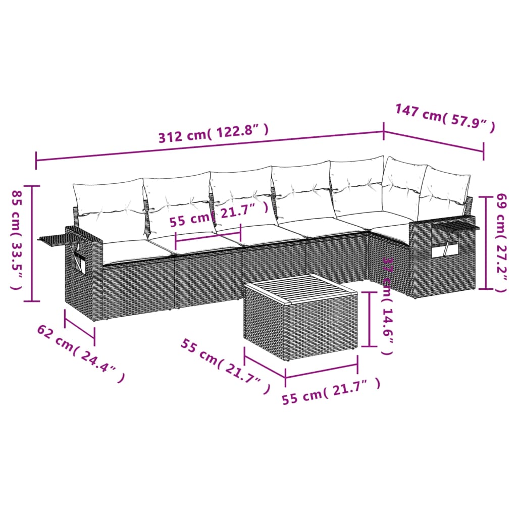 vidaXL 7-delige Loungeset met kussens poly rattan zwart