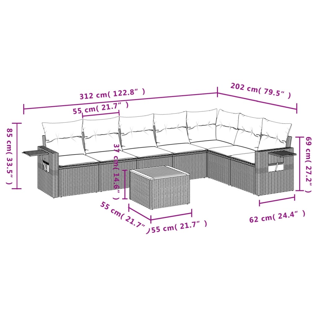 vidaXL 8-delige Loungeset met kussens poly rattan zwart