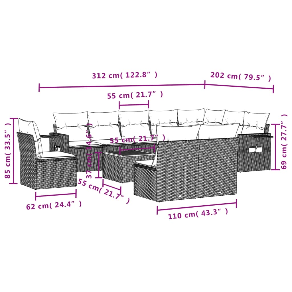 vidaXL 11-delige Loungeset met kussens poly rattan zwart