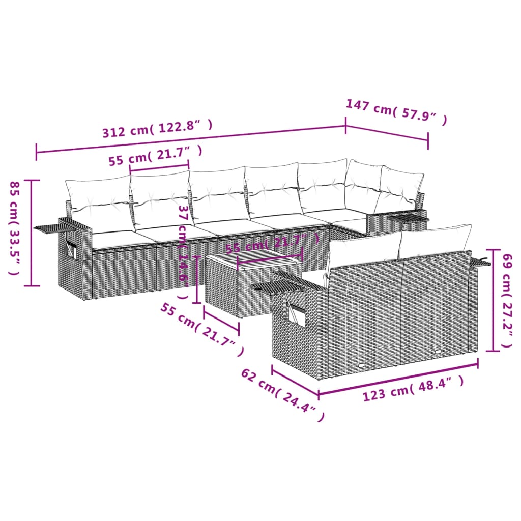 vidaXL 9-piece Poly Rattan Lounge Set with Cushions Black