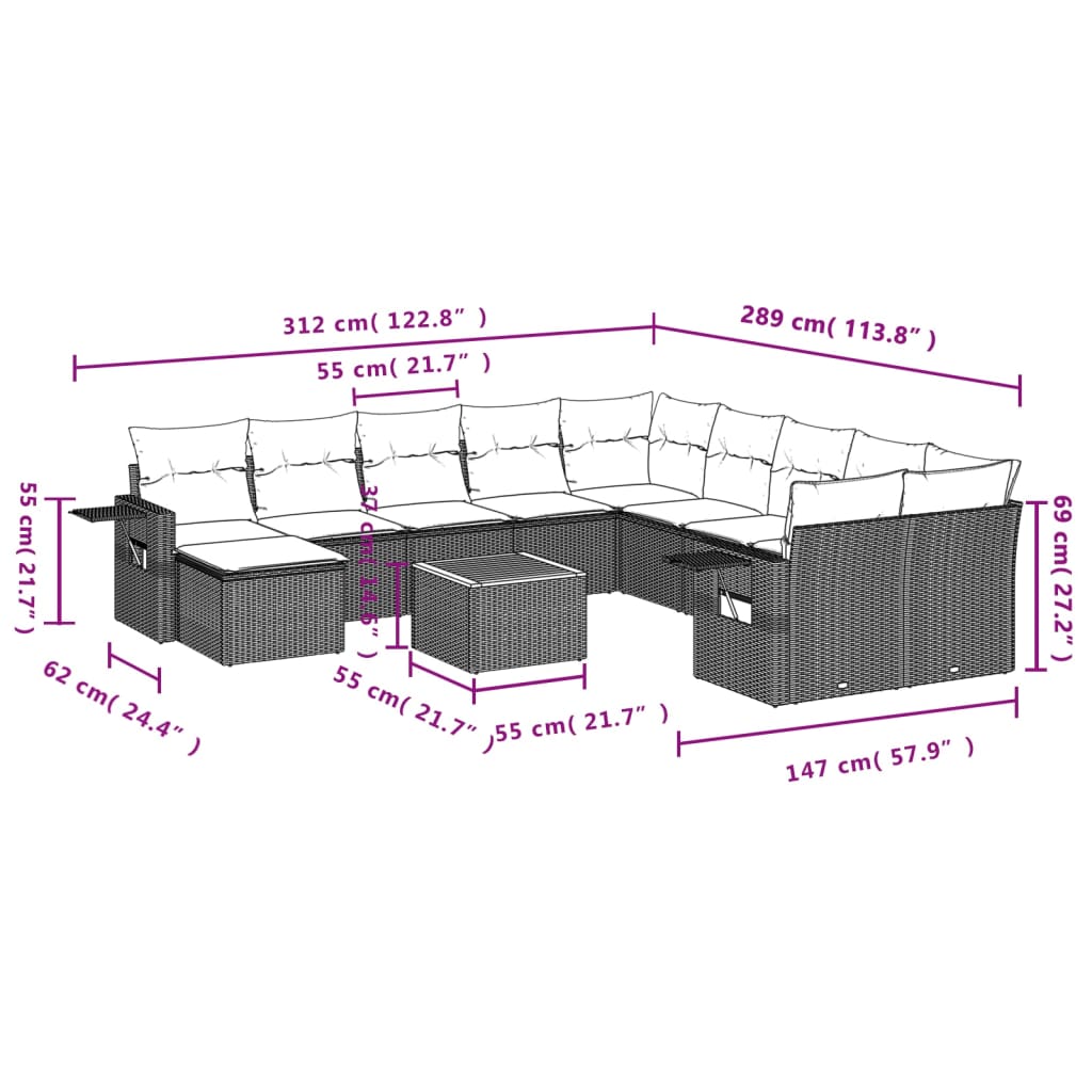 vidaXL 12-delige Loungeset met kussens poly rattan zwart