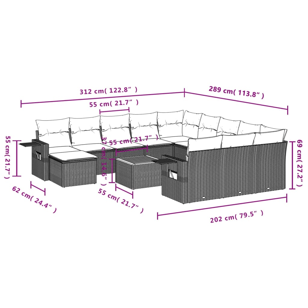 vidaXL 13-delige Loungeset met kussens poly rattan zwart