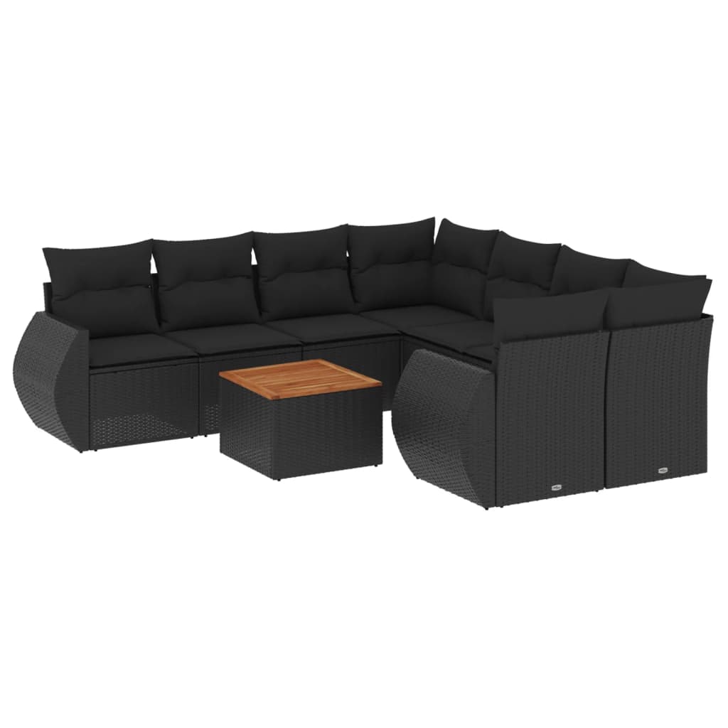 vidaXL 9-delige Loungeset met kussens poly rattan zwart