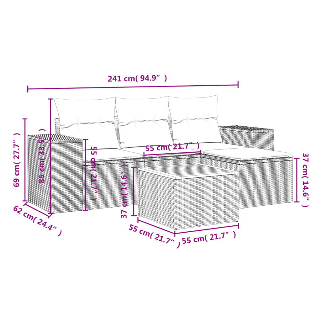 vidaXL 5-delige Loungeset met kussens poly rattan zwart