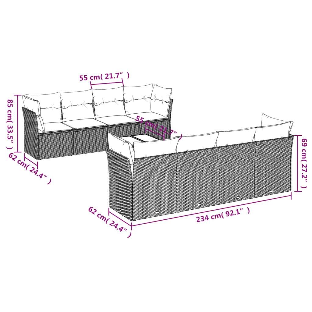 vidaXL 9-piece Poly Rattan Lounge Set with Cushions Black