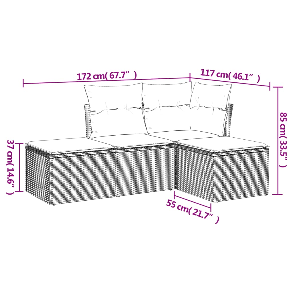 vidaXL 4-Piece Poly Rattan Lounge Set with Cushions Black