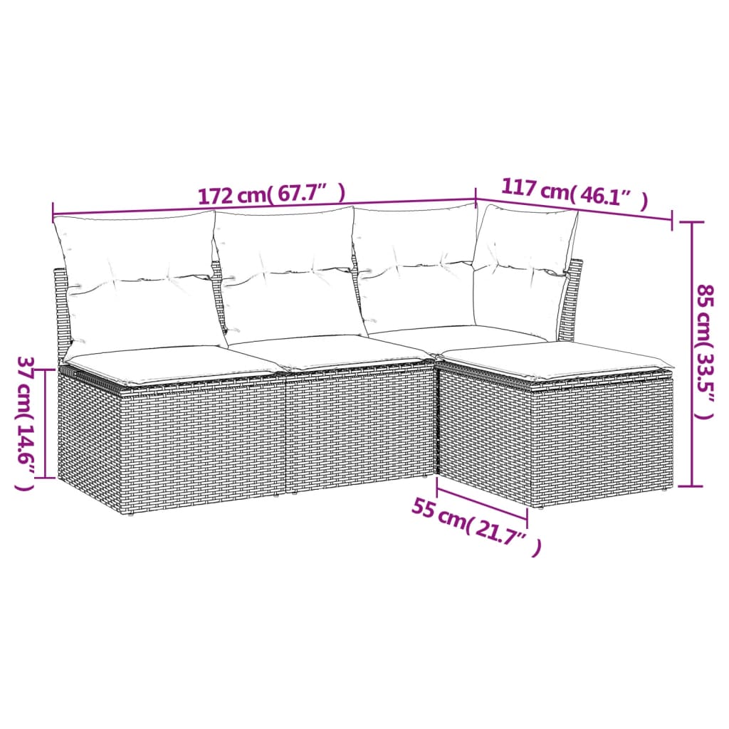 vidaXL 4-Piece Poly Rattan Lounge Set with Cushions Black