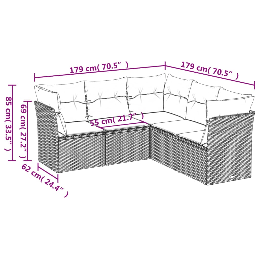 vidaXL 5-piece Lounge Set with Cushions Poly Rattan Black