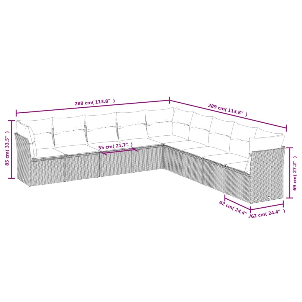 vidaXL 9-piece Poly Rattan Lounge Set with Cushions Black