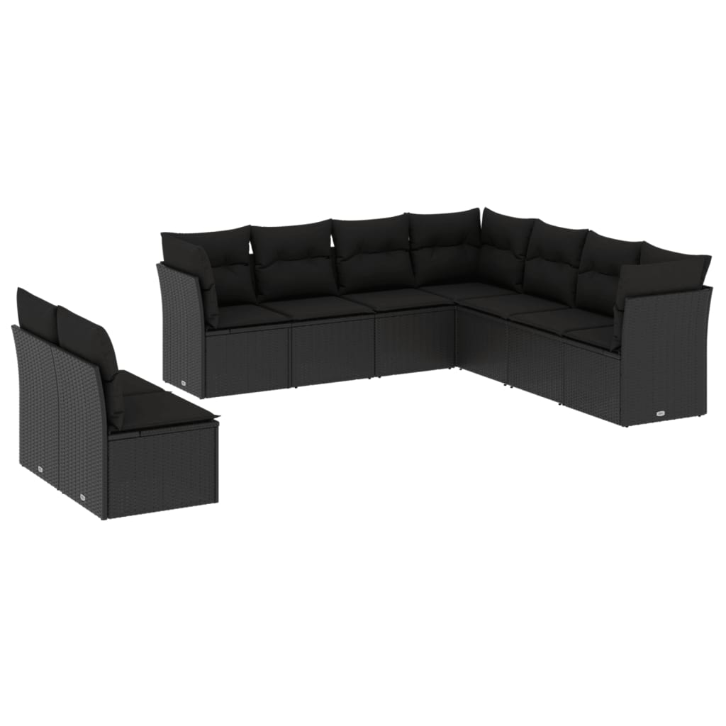 vidaXL Ensemble de salon 9 pièces avec coussins en poly rotin noir