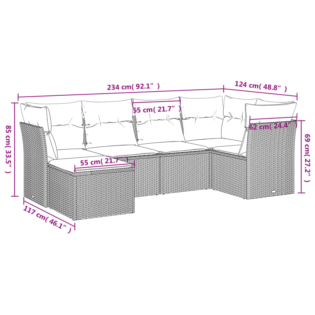 vidaXL 6-delige Loungeset met kussens poly rattan zwart
