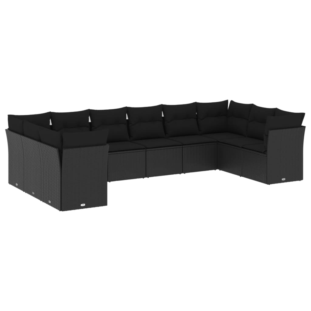 vidaXL Ensemble de salon 10 personnes avec coussins en poly rotin noir
